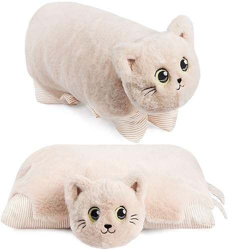 BRUBAKER Gosedjurskudde Katt - 2 i 1 Gosedjur och Gosedjurskudde - 40 x 30 cm Gosedjur Katt - Hopfällbar Gosedjurskudde för Barn med Kardborreknäppning - Djurkudde Kattkudde Uppstoppat Djur - Beige
