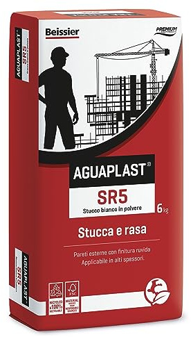 AGUAPLAST SR5 Ruvido Bianco – Stucco Rasante Fibrato per Esterni/Interni, Finitura Ruvida Simile Intonaco, Riempimento Crepe e Fori fino a 30 mm, Formato da 6kg