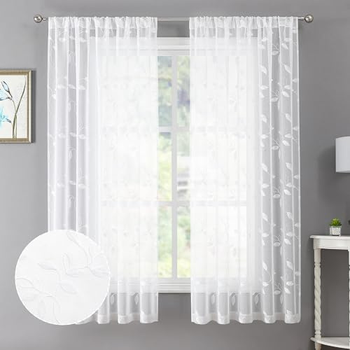 Tollpiz White Leaf Sheer Curtains Leaves Embroidered Living Room Short Curtain Rod Pocket Voile Window Treatments for Bedroom, 54 x 45 inches Long, Set of 2 Panels