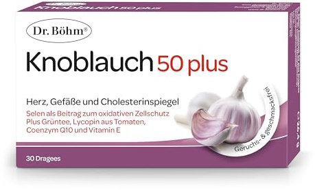 Dr. Böhm Knoblauch 50 plus: Für Herz, Gefäße und Cholesterinspiegel, mit Knoblauch-Extrakt, Ginseng, Coenzym Q10, Vitamin E und Selen, 30 Dragees