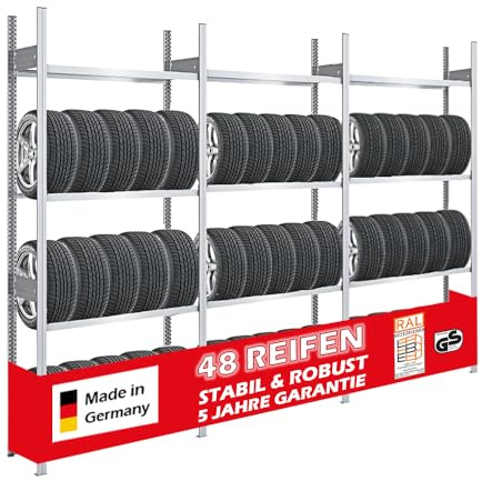 PROREGAL Étagère à pneus Tire Pro Made in Germany | 250x300x43cm | 4 Niveaux | Capacité 900kg | 15 pneus par Niveau | Galvanisé | Porte-Pneu, Rayonnage, Stockage, Rangement de pneus | Atelier Garage