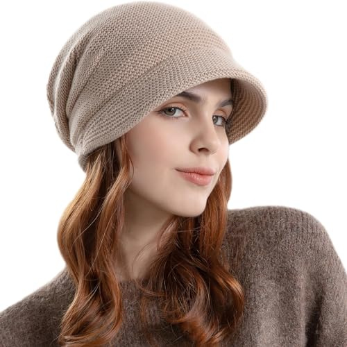 AYPOW Damen Winter Strick Slouchy Mütze mit Visier - Baskenmütze, Fleece Gefütterte, Warme Wintermütze mit Krempe, Pullover-Gehörschutzmütze, Newsboy-Mütze für Tägliche Winter Outdoor Aktivitäten