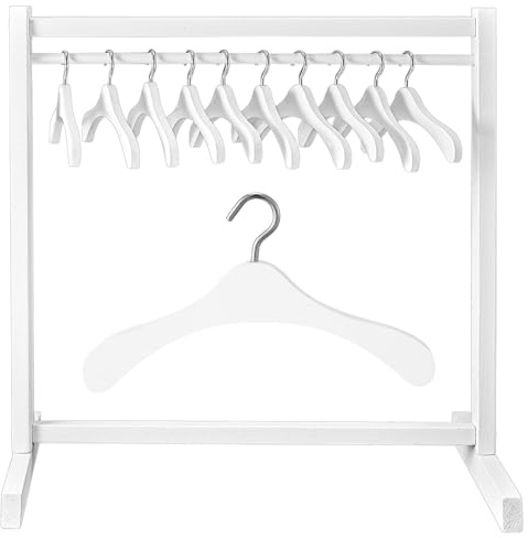 Civaner 11 Pcs Doll Garment Rack with Wooden Clothes Hanger for 18 Inch Girl Doll Clothes Mini Hangers Wardrobe Furniture Accessories for Dollhouse Baby Shower Supplies (White)