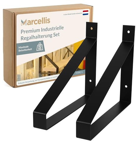 Marcellis Premium Regalhalterung XL für 30 cm breite Bretter, Matt Schwarz, 2x Industrielle Regalhalterungen (80 kg Tragkraft) - Hochwertige Verarbeitung und Montagematerial - 25x4x30,2 cm (HxWxD)