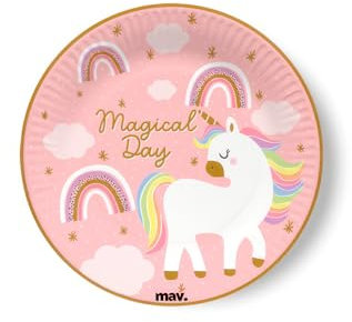 maverick piattini per feste con unicorni,arcobaleni rosa e messaggio. piatti per feste e compleanni dei bambini con disegnati unicorni e personaggi fatati. 8 pezzi, diametro 18cm.made in europe