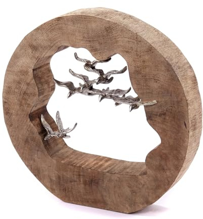CREEDWOOD Scultura Flight | 35 cm, Legno di Mango, Alluminio | Statuetta Decorativa con Uccelli, Oggetto Decorativo in Legno, Decorazione da Tavolo, Supporto per Uccelli