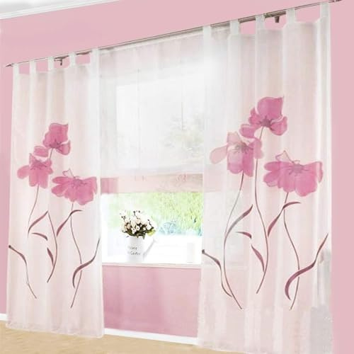 SIMPVALE Schlaufenschal Vorhänge Gardinen Wohnzimmer Vorhang Blumen Muster Schlaufengardinen 1 Stück, Transparenz übergardinen, Gardinen mit Schlaufen,H 175 x B150cm Rosa mit Weiß