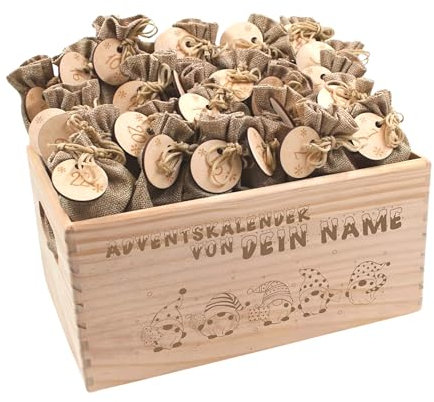 Adventskalender mit Name, Adventskalender zum Befüllen, Adventskiste Kinder, Adventskalender Kinder, Adventskiste personalisiert, Weihnachtskalender aus Nadel-Holz mit Namen Wichtel