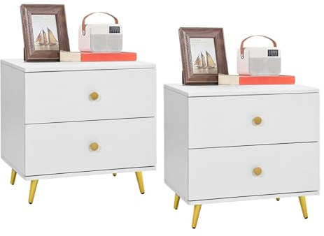 YITAHOME Nachttisch Weiß, Nachttische Nachtschrank Nachtkommode mit 2 Schubladen, Nachttisch Metall Holz mit Goldfarbenen Metallbeinen Beistelltisch Sofatisch für Schlafzimmer Wohnzimmer (2)