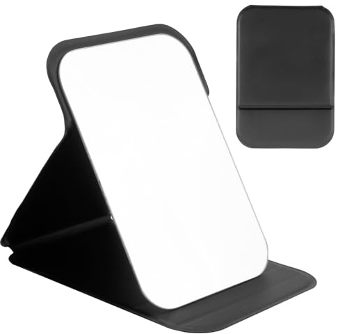 Tragbarer Klappspiegel, 16 x 11 cm, schwarz, PU-Leder, Reisespiegel, freistehender Kosmetikspiegel, Super HD, kompakter Make-up-Spiegel, Schreibtisch-Schminkspiegel für Büro, Schminktisch, Reisen,
