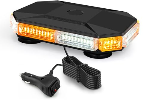 LED Rundumleuchte mit Magnet, Warnleuchte Gelb Weiß, 12V 24V Dachbalken | IP65 Wasserdicht, Lackschutz, 4.8m Kabel mit Stecker, 20 Modi Speicherfunktion, für Traktor und Baufahrzeuge