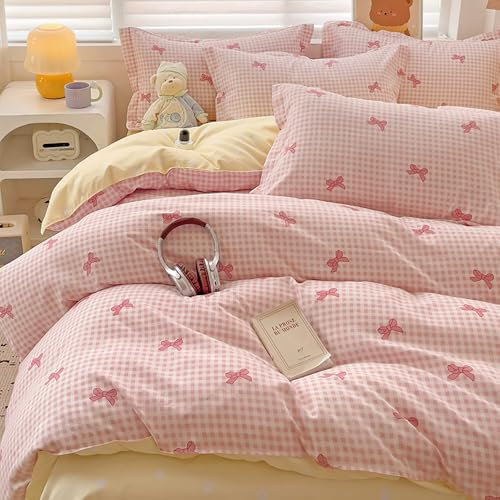 Covebett Housse de Couette 200x200 à Carreaux Rose Nœud Papillon Jaune Romantique Parure de Lit Adulte 2 Personnes Microfibre Linge de lit avec Fermeture Éclair et 2 Taies d'oreiller 65x65cm