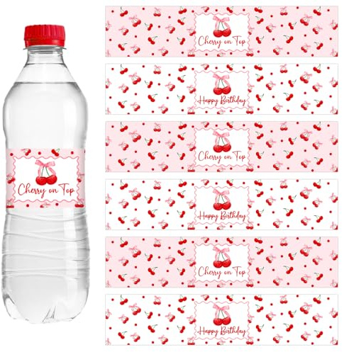 Calcomanías personalizadas para botellas para fiestas, 28 etiquetas de botella de agua con diseño de cerezas en la parte superior, etiquetas de botella de agua con temática de cerezas para fiestas de