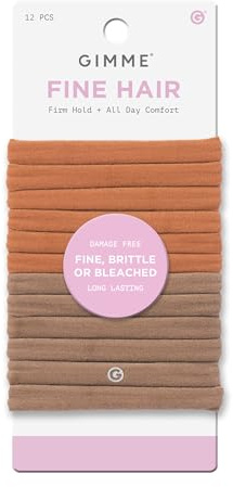 Gimme Beauty Fine Hair Elastic Bands - Slim-Fit Elastic Ties for Fine, Brittle, or Bleached Hair - No-Dent, Gentle-Grip Ponytail Holders for All-Day Comfort - 12 Pack, Brown/Tan