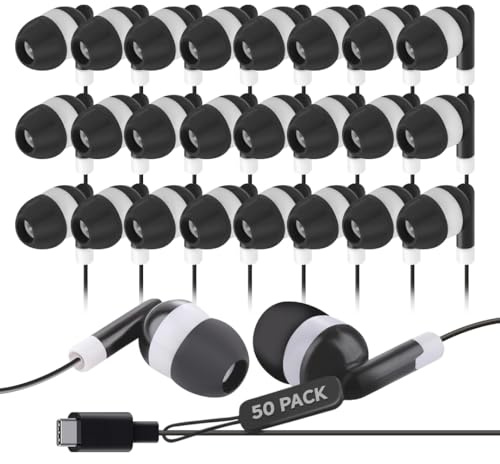 Lot de 50 écouteurs filaires USB C pour l'école et la salle de classe – Écouteurs filaires de type C pour iPhone 17, 16, 15, iPad Pro, Samsung Galaxy, Chromebook – Écouteurs filaires pour l'éducation