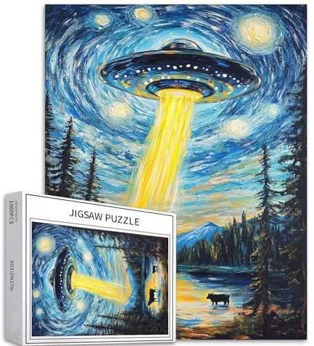 OVNI Flying Saucer - Rompecabezas de 1000 piezas para adultos, estilo Van Gogh, cielo estrellado, arte de fondo, desafiantes, juegos de actividades familiares, rompecabezas colorido para manualidades