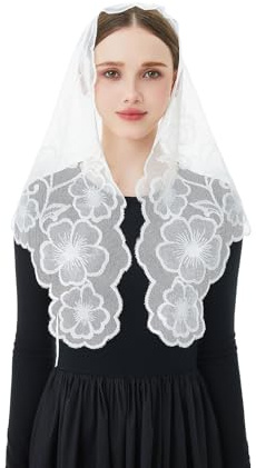 Wgior Lace Catholic Church Veil with Virgin Mary and Jesus Embroidery Chapel Veil Latin Mass Mantilla Scarf, White, Medium