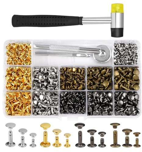 364 Sätze Hohlnieten Set 6×6mm, 8×8mm, 8×12mm 4 Farben Leder Nieten Set Mit Gummihammer, Installationswerkzeug, Nieten Für Leder Mit Gummihammer, Installationswerkzeug Für Schuhe Taschen Uhrenarmbände