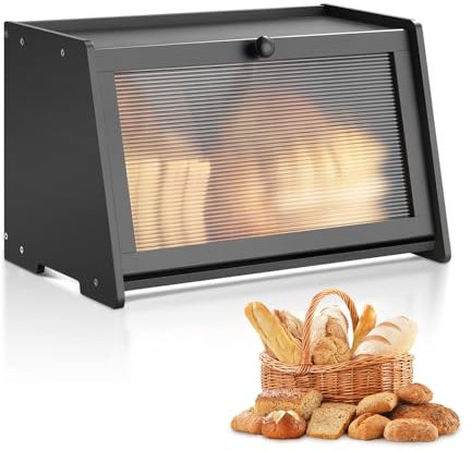 VEVOR Contenitore per Pane da Cucina 420 x 250 x 260 mm Contenitore per Pagnotta in Legno di Bambù per Pane Fatto in Casa, con Pannello Porta in Acrilico Ondulato, Forma di Trapezoidale, Nero