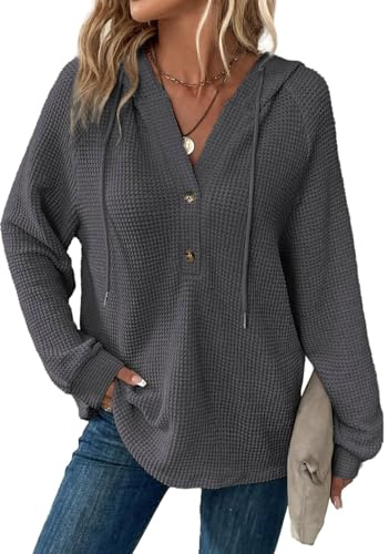 Cuptacc Huvtröja för damer, med våffelstruktur, ledig hoodie med knappslå, v-ringad sweatshirt med dragsko. långärmad damtröja med huva, Mörkgrå, S