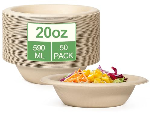 Rigid 50 Pack Paper Disposable Bowls 20oz Brown Eco-Friendly for Soup/Salad | Eco-Friendly, Sugarcane Rigid White Bowls Biodegradable Soup Compostable Microwavable Bowl for Party BBQ Picnic