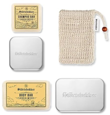 NYHET: Störtebekker Premium duschset Hair & Body | 2x fast schampo & 2 x fast duschgel sandelträ för män och kvinnor | inklusive tvålburk & sisalväska | vegansk och handgjord