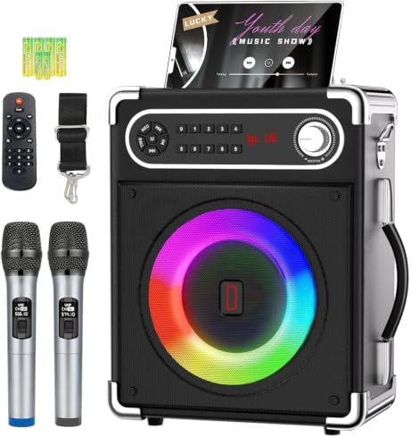 Máquina de Karaoke con 2 micrófonos inalámbricos, Altavoz portátil Bluetooth 5.3 con Luces LED, Ajuste de Graves y Agudos, Sistema de PA con Control Remoto, Compatible con FM/AUX/USB/TF