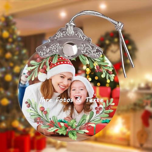 Personalisierte Weihnachtsanhänger aus Glas mit Foto und Text, Weihnachtsbaumschmuck Anhänger Selbst Gestalten Weihnachtsdeko Kristalle 2D Weihnachtskugeln für Weihnachtsbaum Feiertag Party Deko