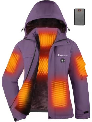 Brimekey Graphene Heated Jacket for Women, Fast Charge 20000mAh Large Capacity, Women's Heated Jacket with Fleece Lining, 6 Heating Zones Windproof Waterproof Soft Shell Hoodie Jackets Skiing Hunting