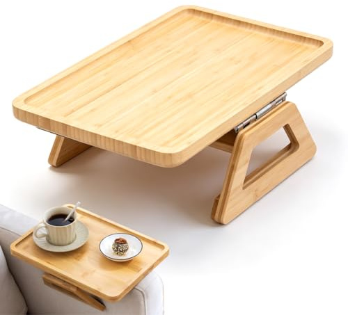 Umllpet Armlehnen Tablett aus Bambus klappbar, Wasserdicht Sofa Arm Tablett mit Fixclip, Couch Ablagetisch für Getränke Snacks Fernbedienung, ideal für Fernsehabend Wohnzimmer Heimkino