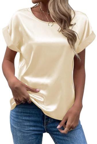 seiveini T-Shirt Femme Manches Courtes Chemise Satin Chic et Élégant Haut Blouse Tunique Col Rond Couleur Unie Tee Shirt