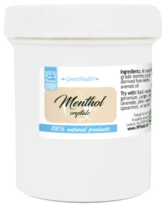 Menthol Crystals 4 OZ in a White Plastic jar (by Greenhealth) (Melting Point is Approximately 95 to 107 Degrees F)