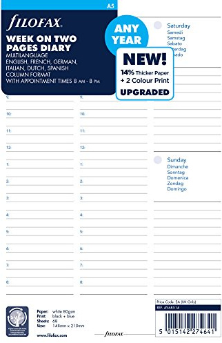 Filofax A5 Wochenansicht jedes Jahr, undatiert, weiß