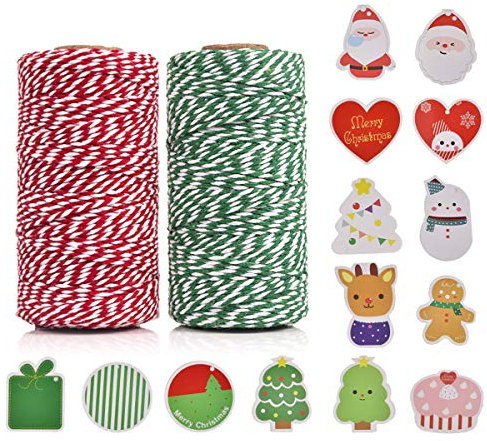 OITUGG Cordoncino Natalizio 2 Rotoli - Spago Rosso e Bianco e Verde 200 Metri/ 656 Piedi - Spago Natalizio con 14pz Carte Natale - Filo Cotone Spago per Decorazioni Natalizie e Alimenti