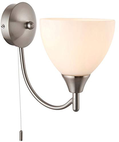 60W E14 | 185mm Over Hang Wall Mounted Light | Satin Chrome & Round Frosted Glass Shade | Curved Arm Living Room Lounge Bedroom Bedside Feature Lighting Base | LED & Dimmable/Dimming
