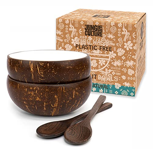 Jungle Culture® Paquete de 2 Tazones de Coco con Cucharas | Pajita de Bambú, Bolsa y Cepillo de Limpieza | Laca Blanca, Ecológica y Sostenible | Cuencos de Coco | Ecológico y Hecho a Mano en Vietnam