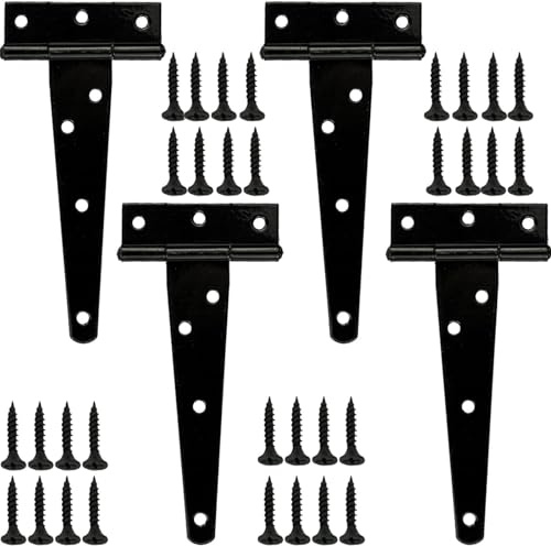 4 Pcs Gate Hinges Large Hinges, 13 inch Heavy Duty Black for Wood Heavy Duty T with Screws, Black Large Hinge for Garden Farm Latch Outdoor Shed Doors