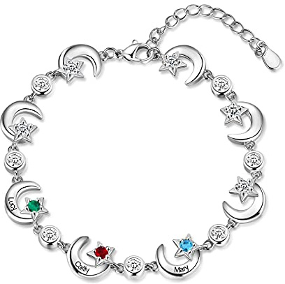RolaOnly Armband mit 2-6 Namen Damen 925 Sterling Silber Geburtsstein Armbänder mit 5A Kubik Zirkonia Sterne Mond Anhänger Personalisiert Schmuck Geschenk für Mutter und Tochter
