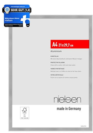 nielsen cornice per foto, 21 x 29,7 cm (A4), alluminio, Argento opaco, cornice per documentiper appenderein formato verticale e orizzontale, vetro sintetico, Atlanta