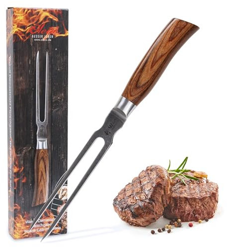 Wakoli EDIB Pro Damast Tranchiergabel | 18 cm Zinken aus 67 Lagen Damaststahl mit VG10-Kern | ergonomischer Pakkaholzgriff | für Braten, Steak & Grillgut | in Geschenkbox für Profi- & Hobbyköche