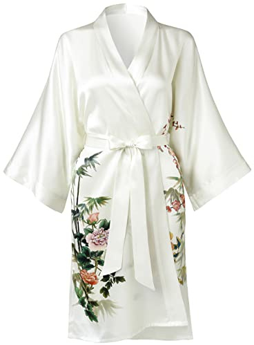 Ledamon Kimono för kvinnor, kort badrock av 100% siden, Elfenben-a, one size
