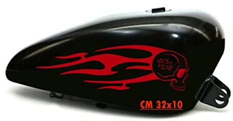 Kit 2 adesivi moto serbatoio teschio fiamme skull chopper harley custom vintage cod. 1676 (031 ROSSO, OPACO (matt_opaque))