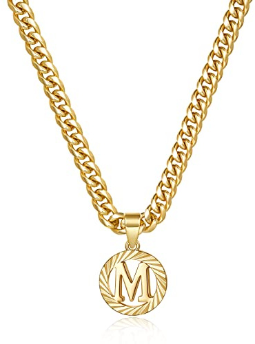 KissYan Gold Initial Necklace,14K Gold Plated Round Letter Pendant Hollow Capital Monogram 5mm Cuban Chain Necklace Alhpabets from A-Z Dainty Jewelry for Women Men(Gold M)