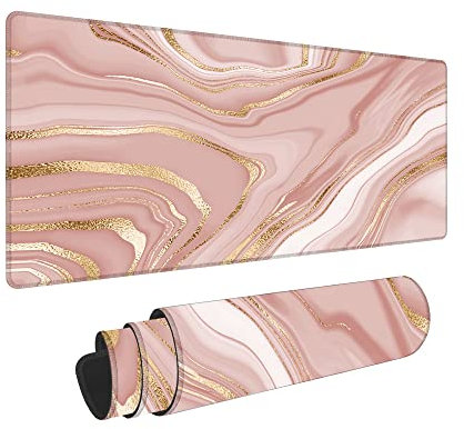 Mauspad, groß, niedlich, für Tastatur und Laptop, 80 x 30 cm, Pink Marble Gold