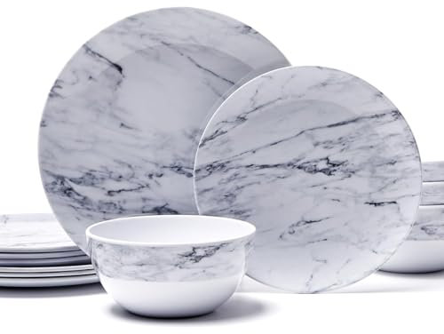 TP 12-Piece Melamine Dinnerware Sets, Plates and Bowls Dishes Set for 4, Break-Resistant & Non-Microwavable, Lightweight Dinner Plates, Marble Pattern