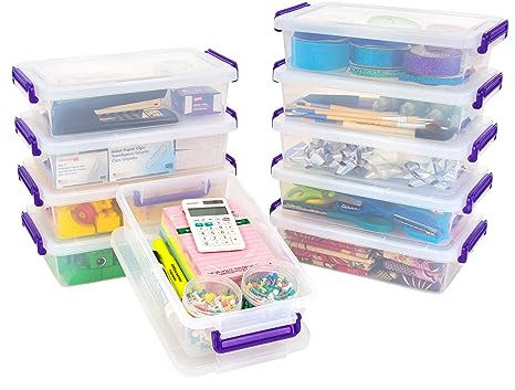 IRIS Lot de 10 bacs de rangement en plastique avec couvercles - 3 litres - Boîtes de rangement sensorielles pour la maison, le bureau et les fournitures artistiques - Empilables - Transparent
