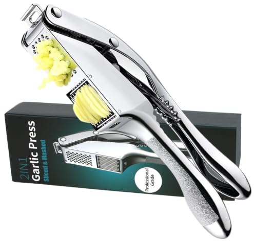 Garlic press and slicer 2 in 1,Effortlessly Crush, Slice, and Mince Garlic,with this Versatile Kitchen Tool - Perfect for Home Cooks and Professional Chefs Alike. (Silvery)