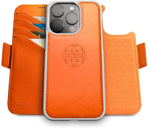 Dreem Vegan Leder Handyhülle für iPhone 15 Pro Max, Magnetisch & Abnehmbar | Neuartig vert/horiz Handyhalter, RFID-blockierende Kartenhülle, Kompatibel mit MagSafe, Geschenkbox [Fibonacci: Orange]