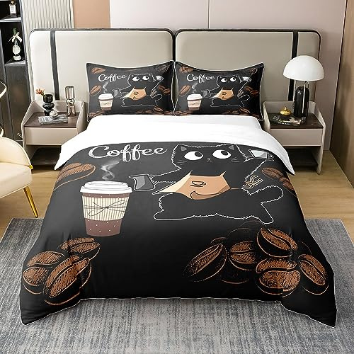 100% Natur Baumwolle Cartoon Katzen Bettbezug für Teens, Niedliche Tiere Kaffee Kellner Bettwäsche Set für Zimmer Dekor, braune Kaffeebohnen Schwarz All Season Bettwäsche mit Reißverschluss 135x200