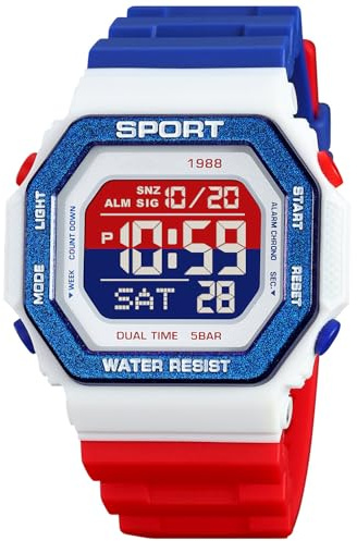 PASOY Montre numérique pour homme et femme | Montre de sport étanche à 50 m avec double heure | Alarme | Chronomètre | Compte à rebours | Rétroéclairage LED | Bracelet en caoutchouc coloré décontracté